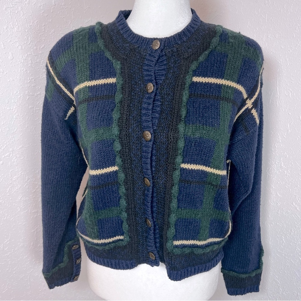 Christopher & Banks Blue and Green Plaid Cardigan